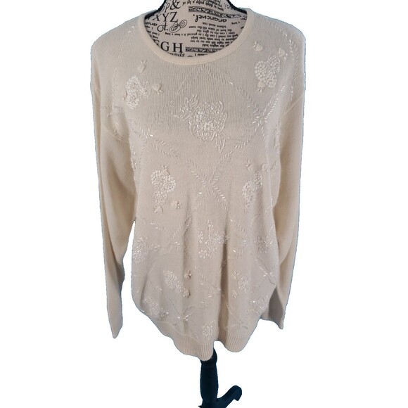 Women Xl Wool Blend Sweater 80's Beaded & Sequins Floral Vintage Alfred Dunner - Picture 1 of 13